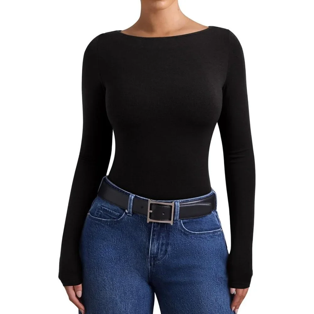 Women's Long Sleeve Boat Neck Top Slim Fit Business Casual Versatile Shirt